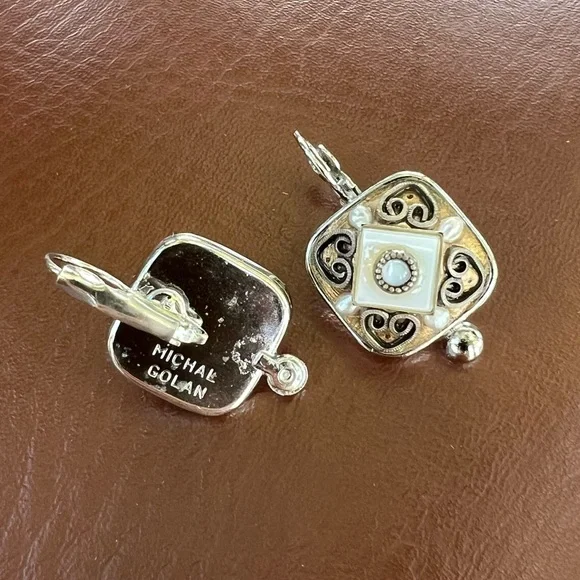 Vintage Michal Logan Earrings & Brooch/Pendant Pearl Lucite Cabochon Silver - Picture 3 of 14